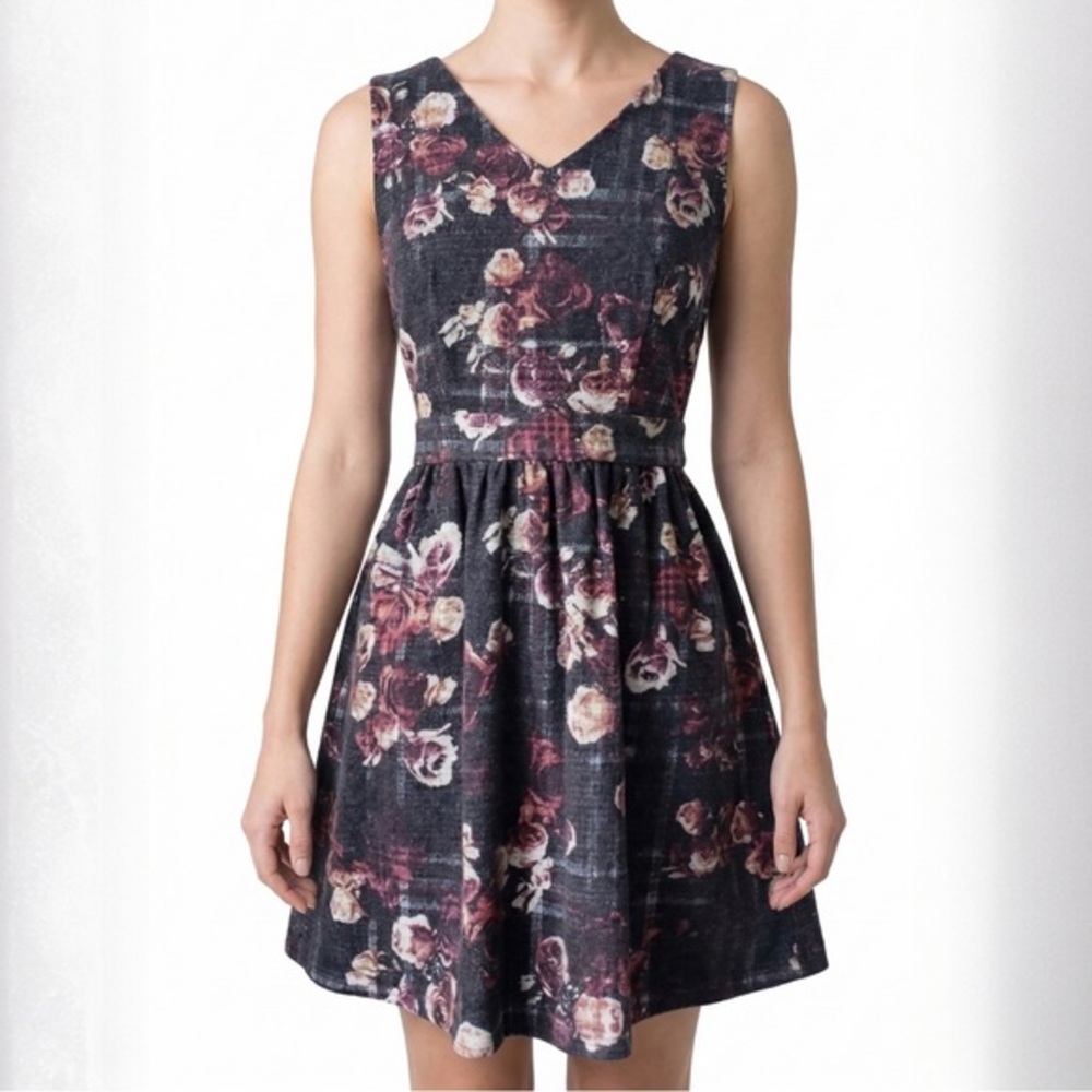 Thakoon Dress Size 10 Gray Plaid Floral Sleeveless Fit Flare V Neck Career Work